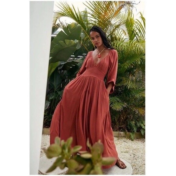 Free People Free-est Dixie Maxi Long Dress Smocked Embroidered Lace Sz L - Picture 1 of 7
